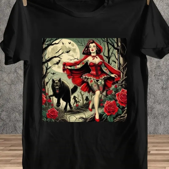 Black T-Shirt with Red Riding Hood Graphic - Picture 1 of 2